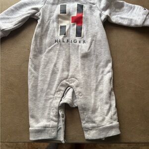 Tommy Hilfiger Gray Footed Baby One-Piece with Red & Navy H Logo